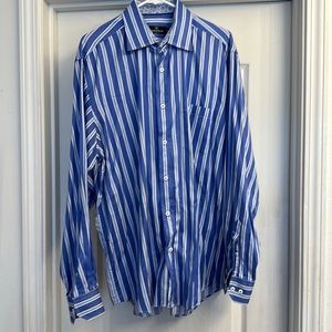 Bugatchi Uomo striped button down flip cuffs. Blue/white stripes.